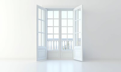 White room, French doors open, balcony view.