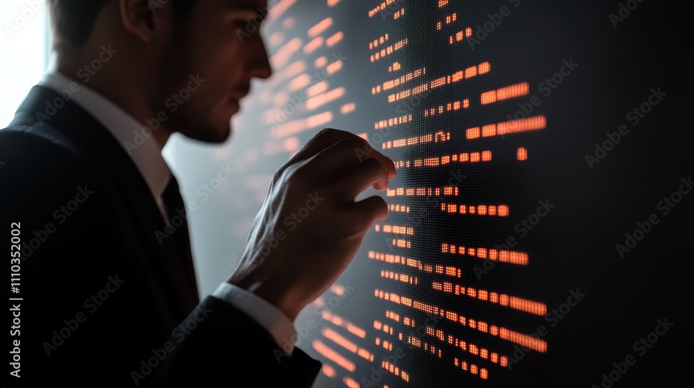 Poster man in suit studying digital data on screen