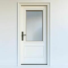 White door, glass panel, ornate frame, dark handle.
