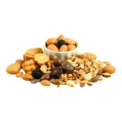 A set of healthy snacks  nuts, dried fruit, ands isolated on a solid colour background.