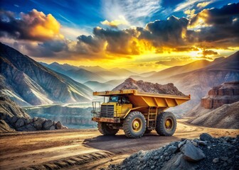 Obraz premium Massive Yellow Dump Truck in Open Pit Mine: A Double Exposure Capturing Heavy Machinery Amidst Rugged Landscape Highlighting Scale of Mining Operations