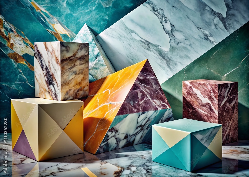 Poster merging the elegance of marble with abstract geometric prisms in vibrant colors and dynamic angular 