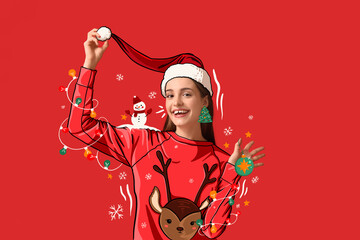 Young woman in drawn Christmas sweater and Santa hat on red background