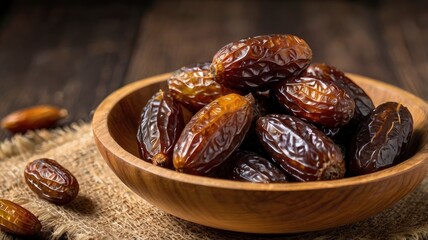 Obraz premium Closeup delicious Kurma Tunisia or sweet dried date palm fruits on wooden bowl. Much sought after during Ramadan to break the fast.