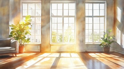 Serene Sunlit Room with Large Windows and Lush Green Plants