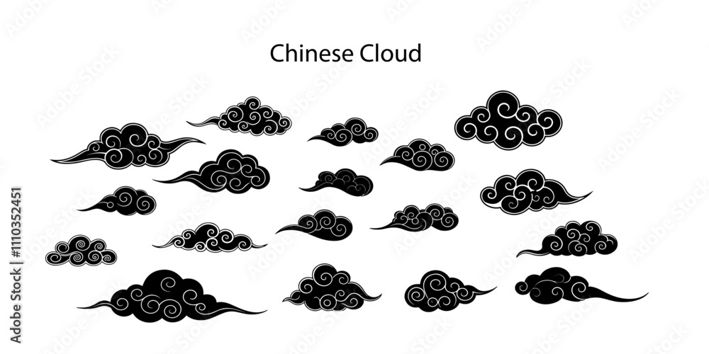 Wall mural chinese style clouds. set of abstract black clouds isolated on white background