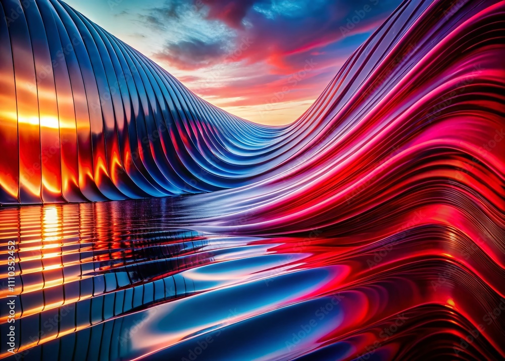 Poster mesmerizing liquid waves in striking red and blue gradient abstract background with architectural el