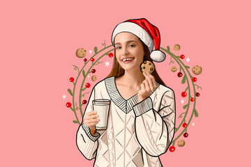 Young woman in drawn Santa hat and sweater holding milk and cookie on pink background. Christmas celebration