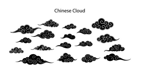 Chinese style clouds. Set of abstract black clouds isolated on white background