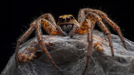 Close Up Of A Brown Jumping Spider On Its Web