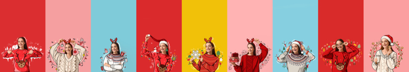 Set of young woman in drawn Christmas sweaters on color background