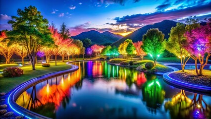 Fototapeta premium Mesmerizing Nightscape with Vibrant LED Strip Lights Illuminating a Serene Landscape, Perfect for Home Decor Inspiration and Modern Aesthetic Ambiance