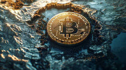 a bitcoin coin on a political map of North America, on the territory of the united states, use of cryptocurrency worldwide, economic power, crypto