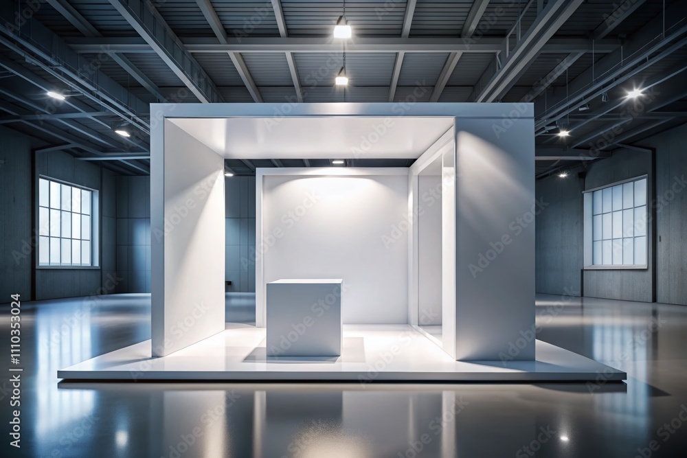 Poster minimalist 3d exhibition booth design featuring a blank geometric square corner template for creativ