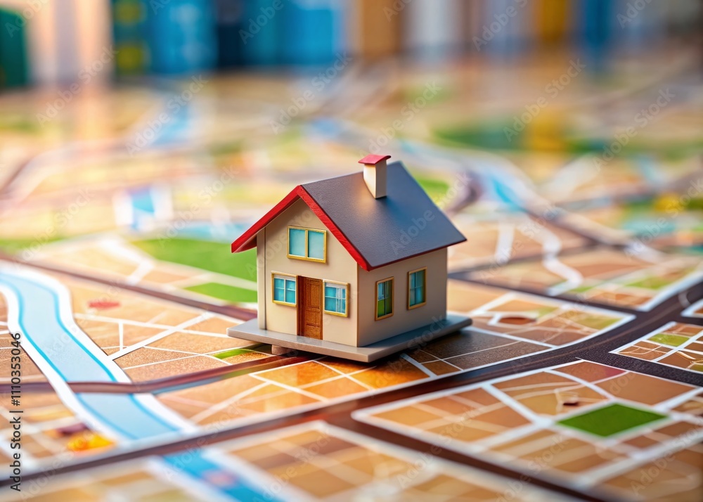 Poster minimalist 3d house emerging from a street map on a desk with tiny buildings and chunky map elements