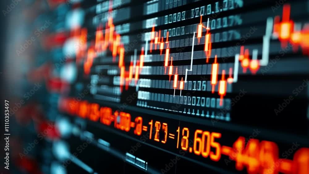Poster close-up view of a stock market graph displaying digital data trends with vibrant colors and fluctua
