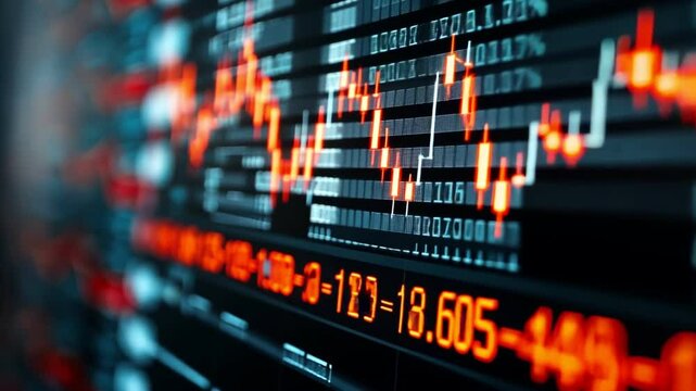 Close-up view of a stock market graph displaying digital data trends with vibrant colors and fluctuating lines.