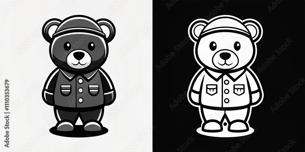 Poster minimalist black and white illustration of a teddy bear in army uniform, perfect for logos and brand