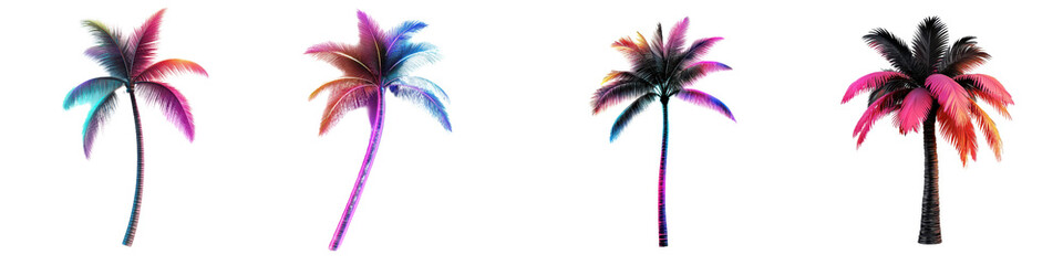 Futuristic palm trees with neon accents in vibrant colors, showcasing unique design. These artistic representations evoke sense of creativity and modernity