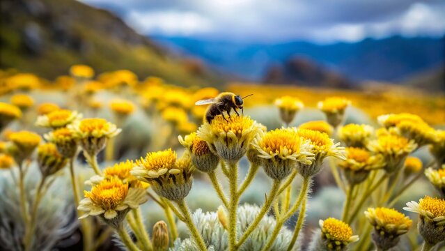 Minimalist Beauty of Yellow Frailejon Flowers with Bumblebee in Vibrant Paramo Landscape, Showcasing Nature's Harmony in a Calm and Serene Setting