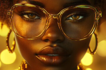 Close-up of model with golden skin and glasses 