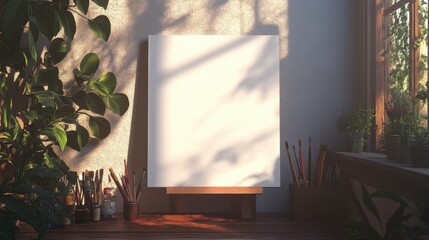 Sunlit Artist Studio Mockup: Blank Canvas, Plants, and Painting Supplies