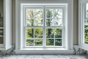 Obraz premium White window, garden view, marble countertop.