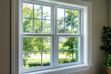White-framed window, lush green trees, sunny view.