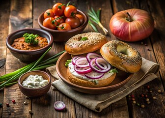 Fototapeta premium Minimalist Display of Freshly Baked Bagels with Cream Cheese and Lox on a Wooden Table Surrounded by Colorful Onions in a Brown Bowl and a Black Hole in the Background