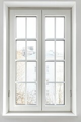 Obraz premium White window panes, city view, winter scene.