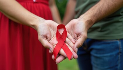 Portrait of a Couple Affected by HIV Holding Hands and Wearing Red Ribbons to Represent the Power of Unity and Solidarity in the Fight Against HIV/AIDS.