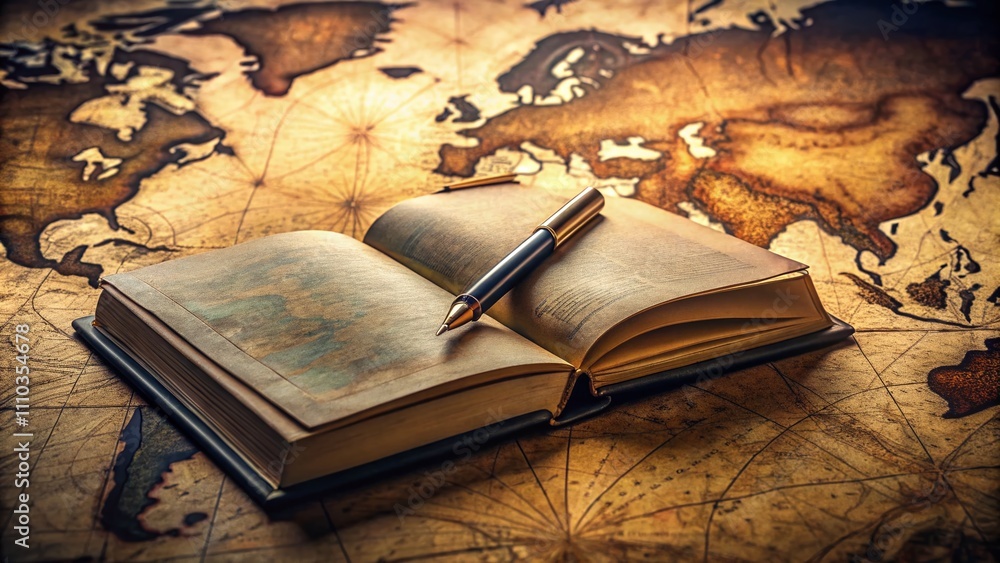 Poster minimalist exploration journey featuring book, pen, and map on a table, evoking a sense of adventure