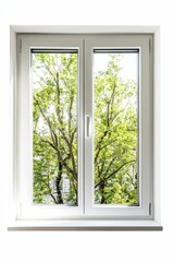 White window frame, leafy trees outdoors.