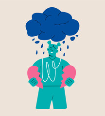 Woman standing under a rain with a broken heart. Colorful vector illustration