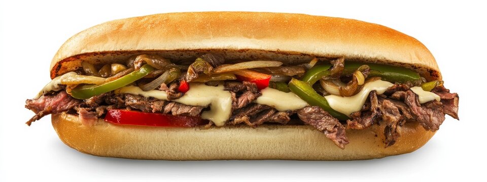 A classic Philly cheesesteak sandwich with thinly sliced ribeye, saut茅ed onions, bell peppers