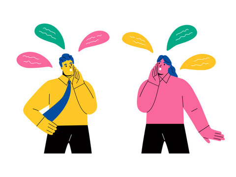 Business man and Business woman talking rumors or whispering. Flat vector illustration isolated on white background