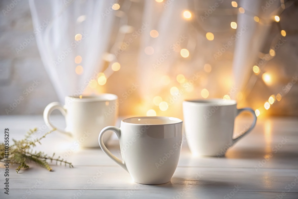 Poster minimalistic white mugs on light surface with soft shadows, creating a calming and serene atmosphere