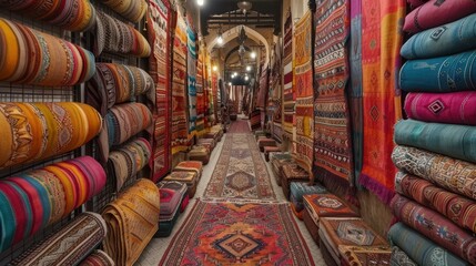 Fototapeta premium A vibrant marketplace filled with colorful rugs and carpets, showcasing intricate designs along a narrow aisle under soft lighting.