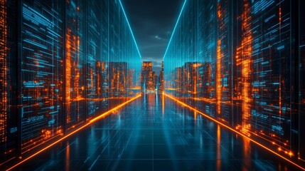 Futuristic Cityscape Data Center Corridor