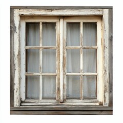 Obraz premium Weathered wooden window, double-paned, sheer curtain.