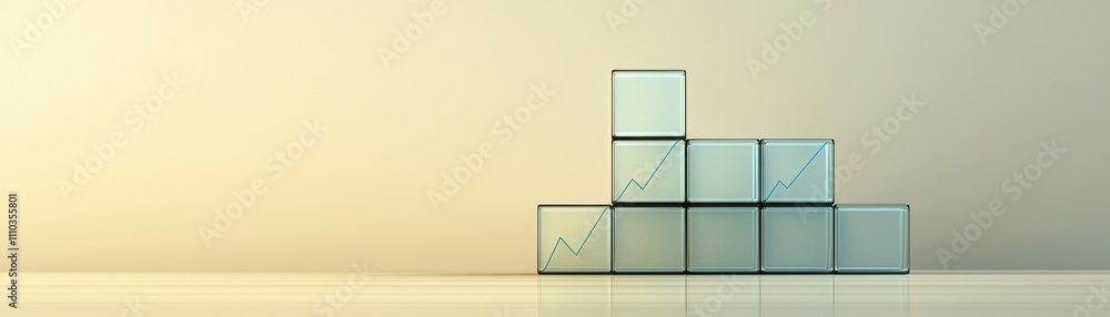 Poster a minimalist arrangement of transparent glass blocks stacked in a geometric pattern, creating a mode