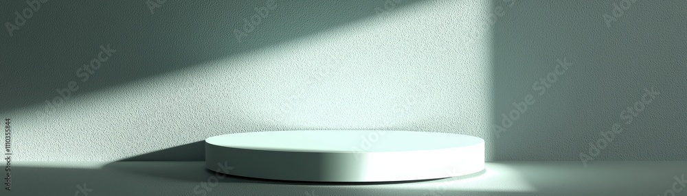 Poster a minimalistic scene featuring a white circular platform illuminated by soft light and casting a sub