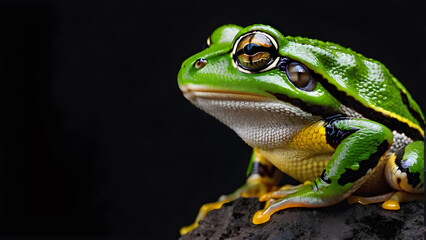 Obraz premium Green tree frog isolated on black background with copy space for your text