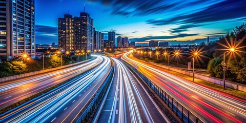 Fototapeta premium Minimalist Night Hyperlapse of a Highway Capturing the Dynamic Flow of Traffic in a Vibrant Urban Setting with Light Trails and a Deep Blue Sky
