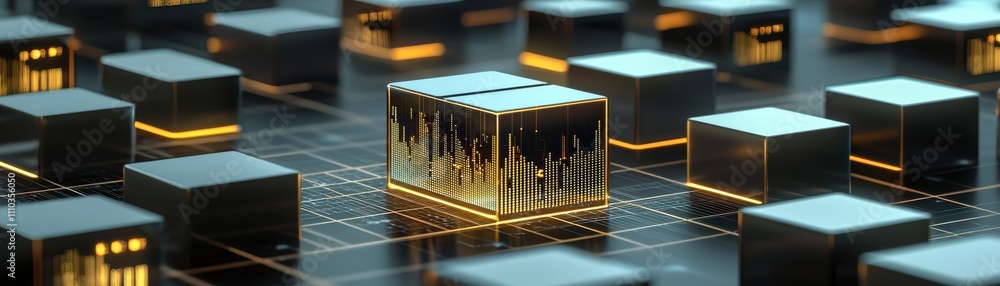 Poster a futuristic digital landscape featuring illuminated cubes, symbolizing advanced technology and data