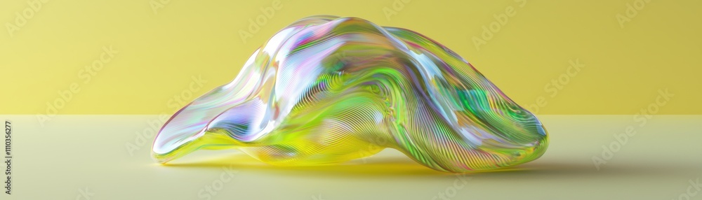 Poster a colorful, translucent blob or sculpture resting on a smooth surface against a yellow background, s