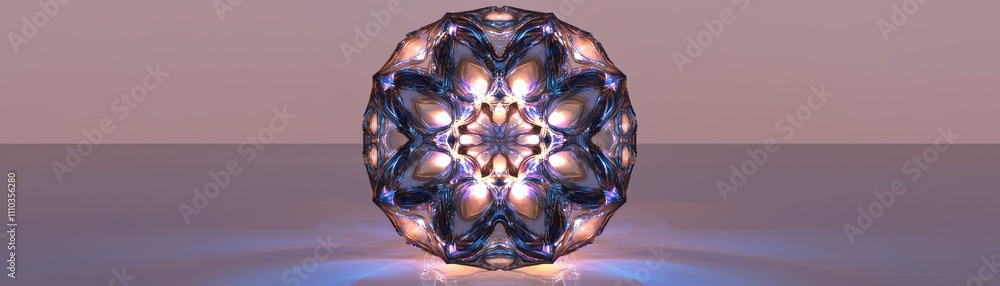 Poster a luminous, intricately designed spherical object radiating colorful light patterns against a soft b