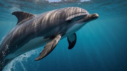 Fototapeta premium Playful dolphin swimming gracefully underwater with sunlight shining through the waves
