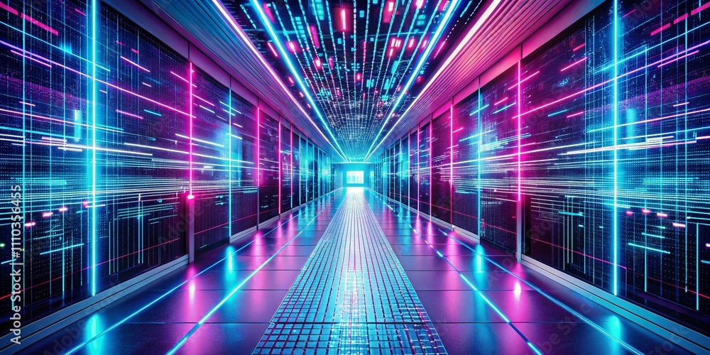 Aufkleber minimalist photography of a vibrant digital corridor representing a data stream in cyberspace with f