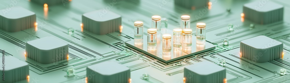 Poster a close-up view of a circuit board, featuring intricate patterns and illuminated components, illustr